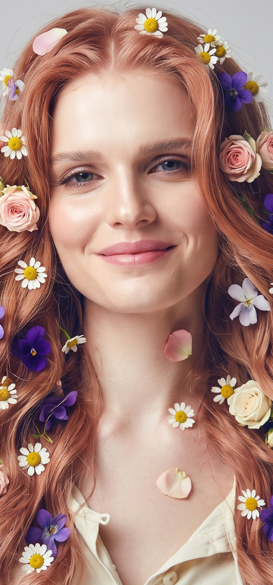 immagine di una ragazza rossa, con capelli molto lunghi, con tanti fiori nei capelli